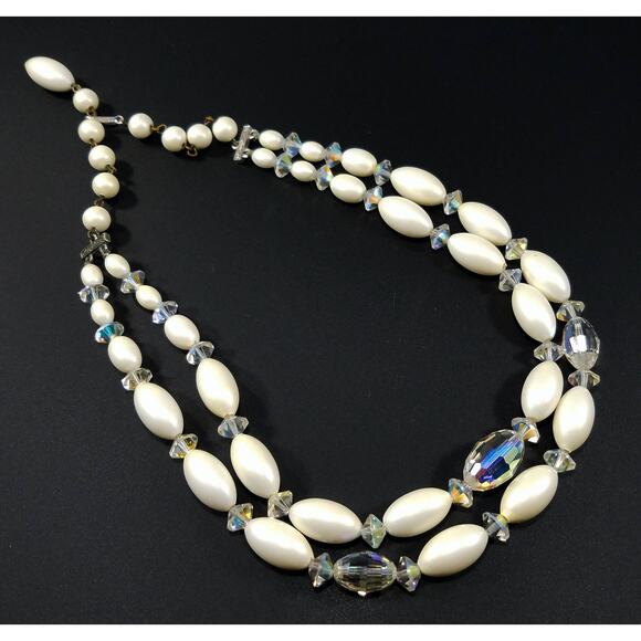 Vintage Austrian Crystal Necklace Double Strand Lucite Beads 1950s Wedding - Picture 8 of 10